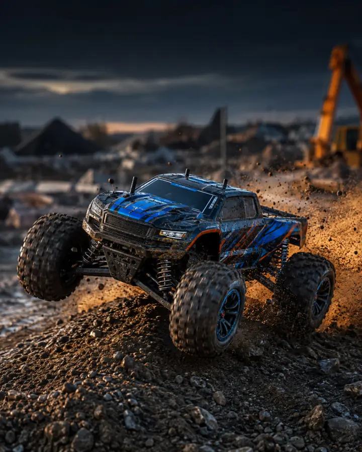 RC bash truck kicking dirt at dusk