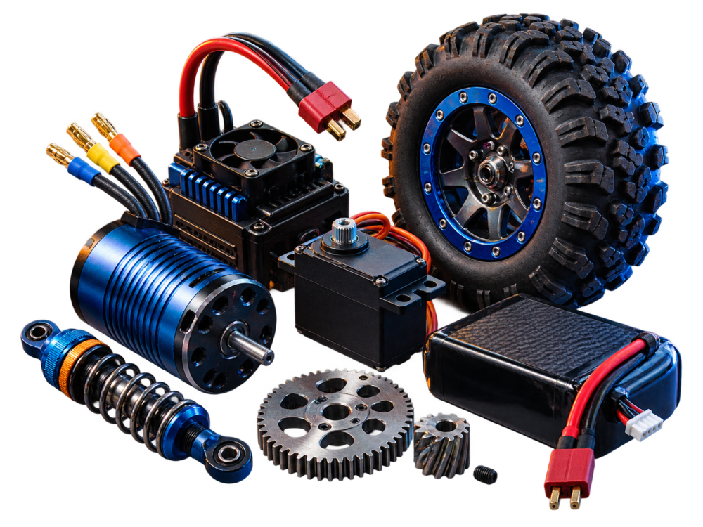 RC motor, ESC, servo, battery, gears, and tire arranged as compatible components