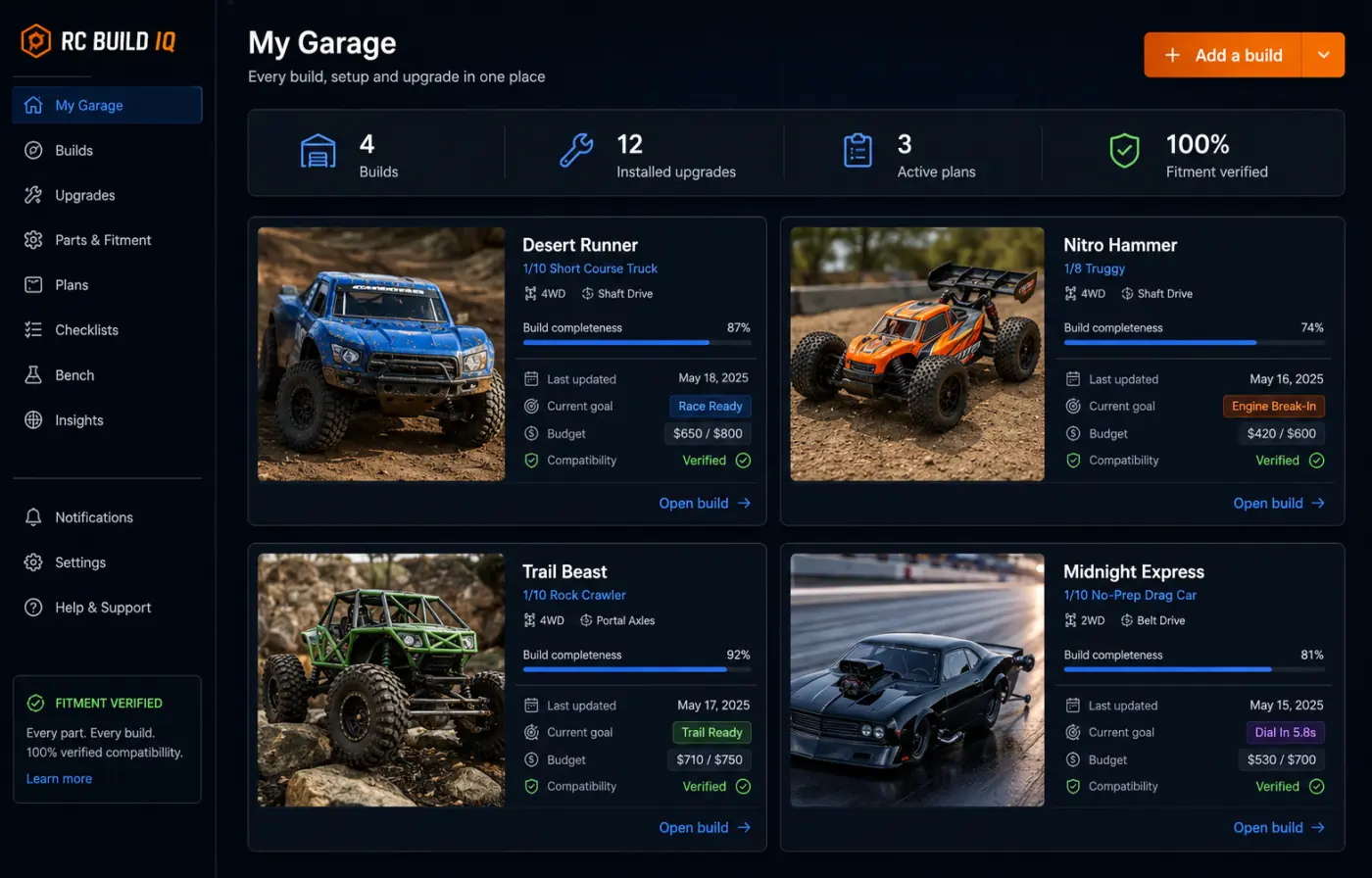My Garage dashboard with saved RC builds, completeness bars, and fitment status