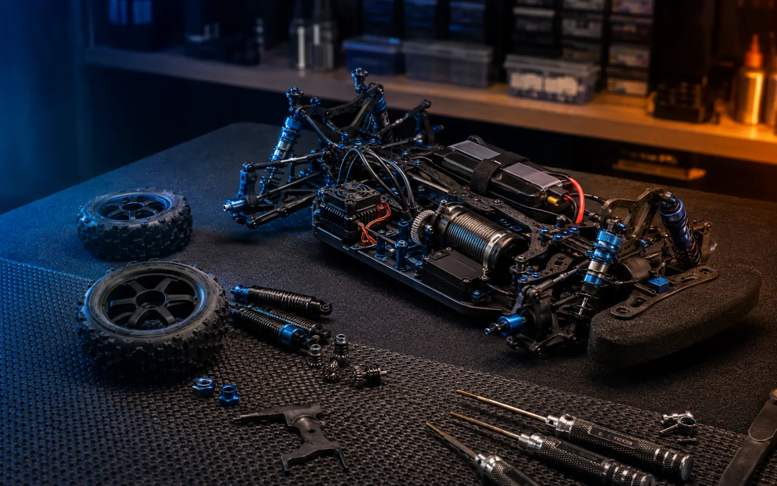 Stock RC chassis on a workbench before upgrades